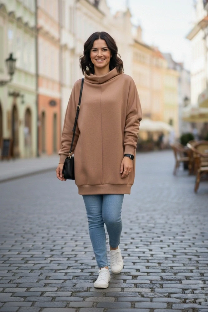 Mikina s netopýřími rukávy s nápletem - CAPPUCCINO